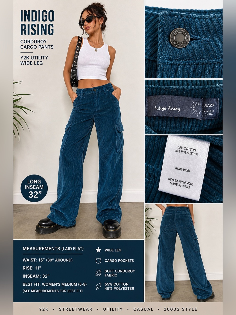 Indigo Rising Corduroy Cargo Pants Wide Leg Y2K Utility Blue 30x32 High Rise